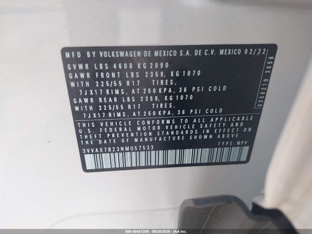 45431389 :رقم المزاد ، 3VVAX7B23NM057533 vin ، 2022 Volkswagen Taos 1.5t S مزاد بيع