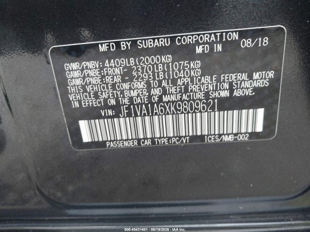 Aukcja sprzedaży 2019 Subaru Wrx, vin: JF1VA1A6XK9809621, numer aukcji: 45431401