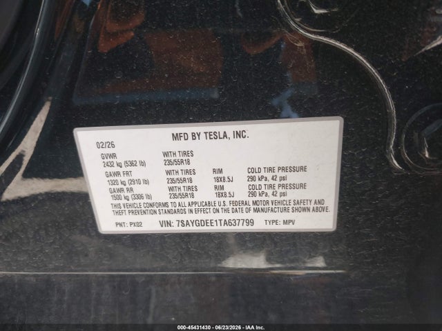 45431430 :رقم المزاد ، 7SAYGDEE1TA637799 vin ، 2026 Tesla Model Y All-wheel Drive/long Range Launch Series/premium All-wheel Drive مزاد بيع