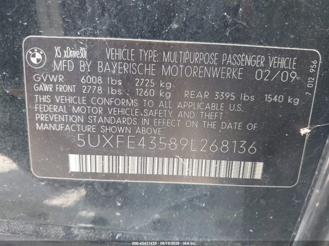 Aukcja sprzedaży 2009 Bmw X5 Xdrive30i, vin: 5UXFE43589L268136, numer aukcji: 45431439