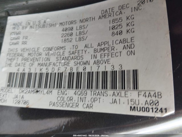 45431442 :رقم المزاد ، 4A31K5DF7BE017133 vin ، 2011 Mitsubishi Eclipse Gs/gs Sport مزاد بيع
