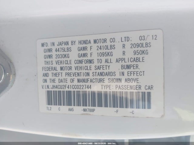 Aukcja sprzedaży 2012 Acura Tsx 2.4, vin: JH4CU2F41CC022744, numer aukcji: 45431468