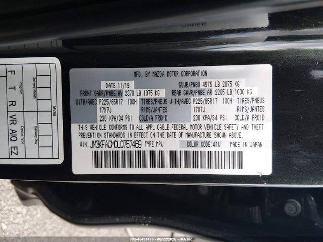 Aukcja sprzedaży 2020 Mazda Cx-5 Touring, vin: JM3KFACM0L0757469, numer aukcji: 45431476