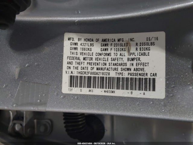 Продаж на аукціоні авто 2016 Honda Accord Ex-l, vin: 1HGCR2F86GA219028, номер лоту: 45431484