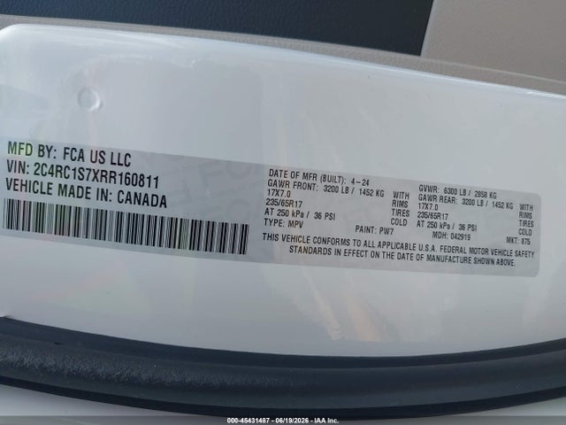 45431487 :رقم المزاد ، 2C4RC1S7XRR160811 vin ، 2024 Chrysler Pacifica Hybrid Select مزاد بيع