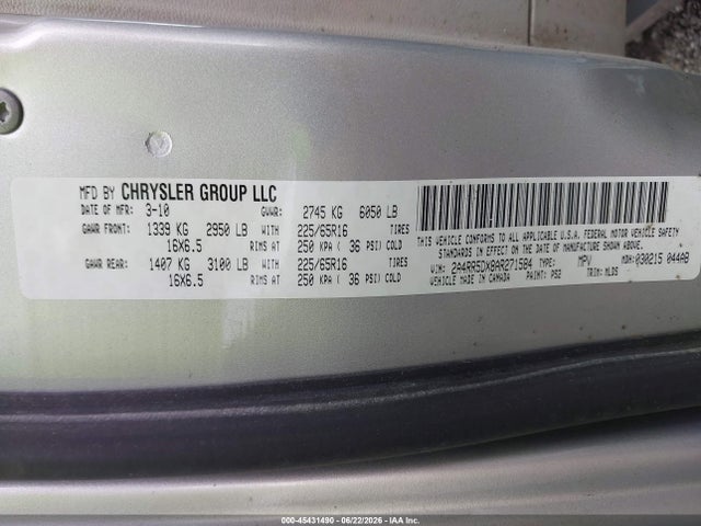2010 Chrysler Town & Country Touring მანქანა იყიდება აუქციონზე, vin: 2A4RR5DX8AR271584, აუქციონის ნომერი: 45431490