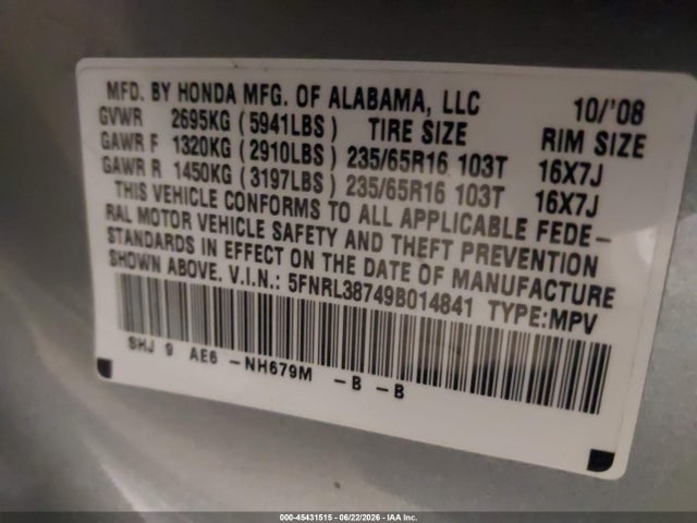 Aukcja sprzedaży 2009 Honda Odyssey Ex-l, vin: 5FNRL38749B014841, numer aukcji: 45431515