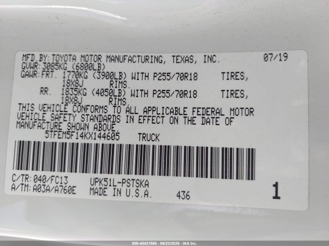 5TFEM5F14KX144605 Toyota Tundra Sr5 4.6l V8