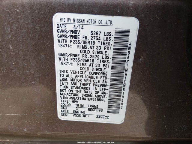 Продажа на аукционе авто 2014 Nissan Murano Sl, vin: JN8AZ1MW1EW518593, номер лота: 45431575