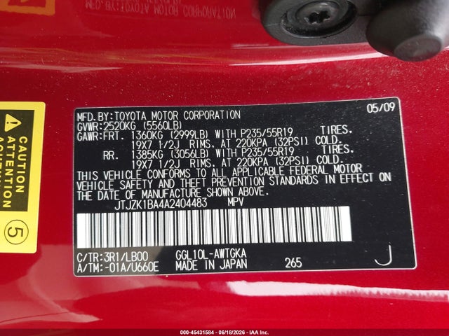 Продажа на аукционе авто 2010 Lexus Rx 350, vin: JTJZK1BA4A2404483, номер лота: 45431584