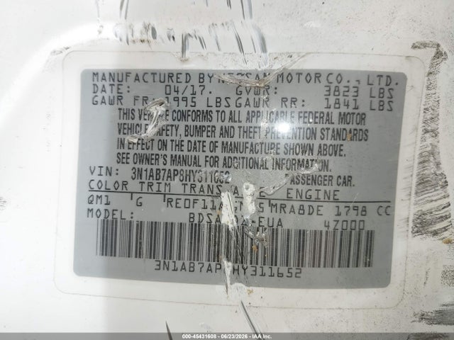 45431608 :رقم المزاد ، 3N1AB7AP8HY311652 vin ، 2017 Nissan Sentra Sv مزاد بيع