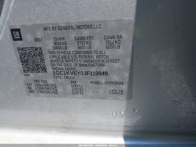 2018 Chevrolet Silverado 2500hd Lt მანქანა იყიდება აუქციონზე, vin: 1GC1KVEY0JF119949, აუქციონის ნომერი: 45431626