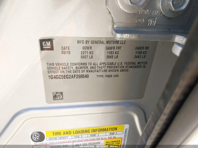 2010 Buick Lacrosse Cxl მანქანა იყიდება აუქციონზე, vin: 1G4GC5EG2AF298649, აუქციონის ნომერი: 45431640