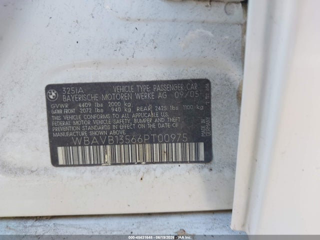 Продажа на аукционе авто 2006 Bmw 325i, vin: WBAVB13566PT00975, номер лота: 45431648