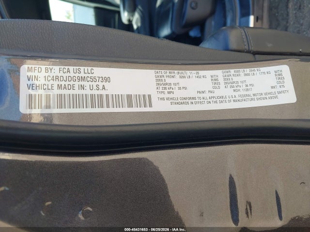 Продажа на аукционе авто 2021 Dodge Durango Gt Plus Awd, vin: 1C4RDJDG9MC557390, номер лота: 45431653