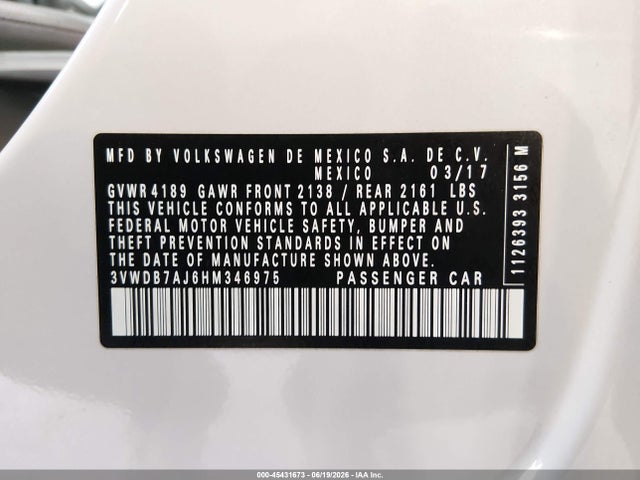 45431673 :رقم المزاد ، 3VWDB7AJ6HM346975 vin ، 2017 Volkswagen Jetta 1.4t Se مزاد بيع
