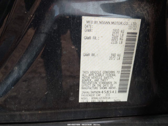 45431686 :رقم المزاد ، 1N4AL3APXDN458541 vin ، 2013 Nissan Altima 2.5 Sv مزاد بيع