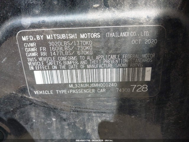 Aukcja sprzedaży 2021 Mitsubishi Mirage Carbonite Edition/es/le, vin: ML32AUHJ6MH001240, numer aukcji: 45431706