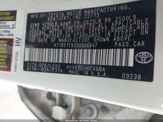 Aukcja sprzedaży 2013 Toyota Avalon Hybrid Xle Touring, vin: 4T1BD1EB2DU006647, numer aukcji: 45431729