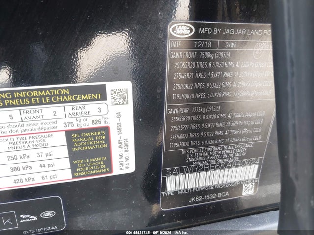 Auction sale of the 2019 Land Rover Range Rover Sport Supercharged Dynamic, vin: SALWR2RE6KA840624, lot number: 45431745