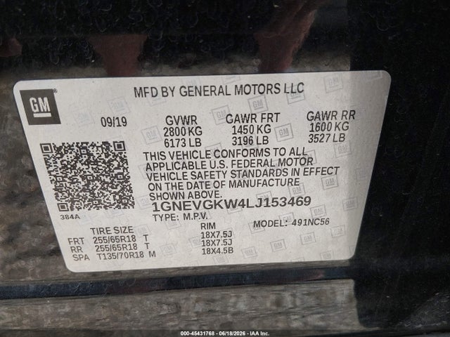 45431768 :رقم المزاد ، 1GNEVGKW4LJ153469 vin ، 2020 Chevrolet Traverse Awd Lt Cloth مزاد بيع