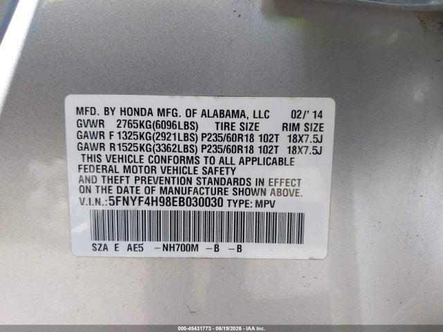 Honda Pilot Touring 2014 5FNYF4H98EB030030 Image 9