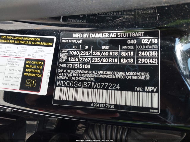 Продаж на аукціоні авто 2018 Mercedes-benz Glc 300, vin: WDC0G4JB7JV077224, номер лоту: 45431776