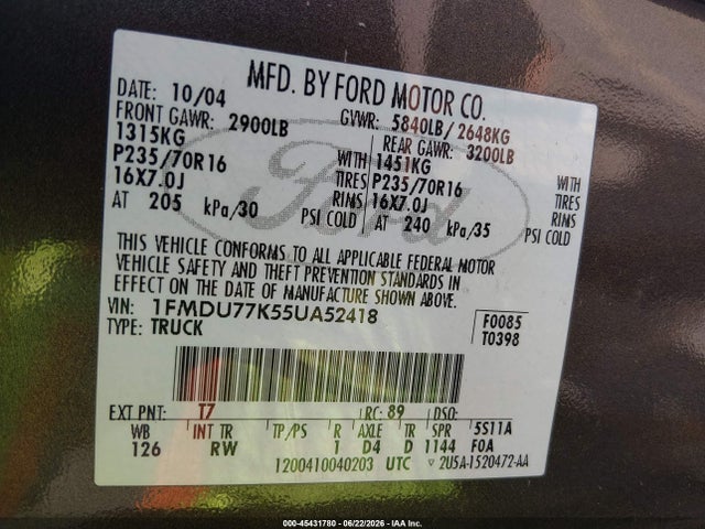 45431780 :رقم المزاد ، 1FMDU77K55UA52418 vin ، 2005 Ford Explorer Sport Trac Adrenalin/xls/xlt مزاد بيع