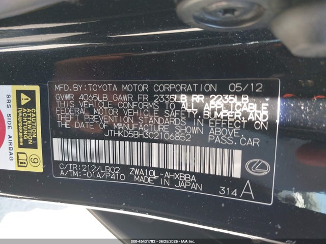45431782 :رقم المزاد ، JTHKD5BH3C2106852 vin ، 2012 Lexus Ct 200h Premium مزاد بيع