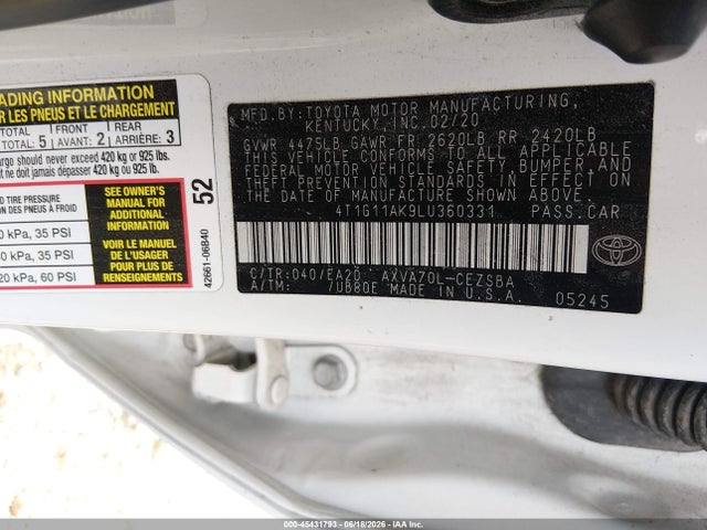 45431793 :رقم المزاد ، 4T1G11AK9LU360331 vin ، 2020 Toyota Camry Se مزاد بيع