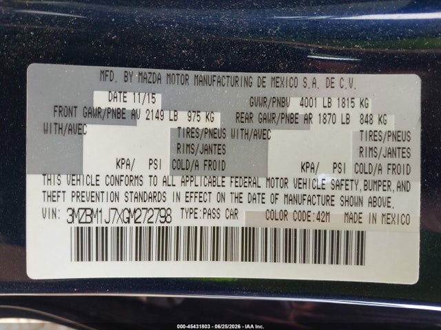 Aukcja sprzedaży 2016 Mazda Mazda3 I Sport, vin: 3MZBM1J7XGM272798, numer aukcji: 45431803