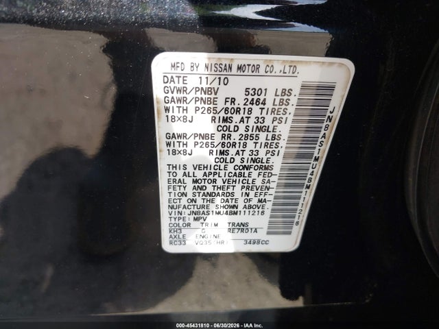 45431810 :رقم المزاد ، JN8AS1MU4BM111216 vin ، 2011 Infiniti Fx35 مزاد بيع