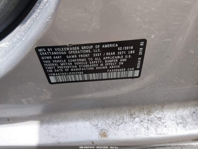 45431818 :رقم المزاد ، 1VWAA7A31JC027093 vin ، 2018 Volkswagen Passat 2.0t R-line/2.0t S مزاد بيع