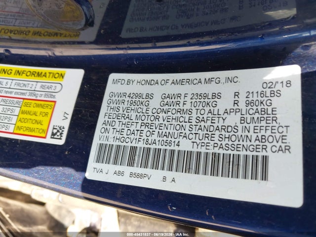 Aukcja sprzedaży 2018 Honda Accord Lx, vin: 1HGCV1F18JA105614, numer aukcji: 45431837