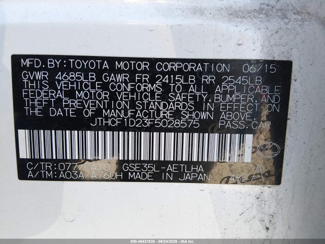 Aukcja sprzedaży 2015 Lexus Is 250, vin: JTHCF1D23F5028575, numer aukcji: 45431838