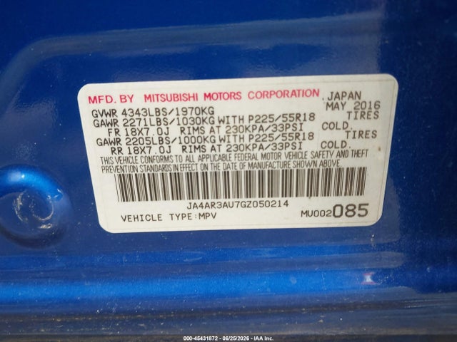 Aukcja sprzedaży 2016 Mitsubishi Outlander Sport 2.0 Es, vin: JA4AR3AU7GZ050214, numer aukcji: 45431872