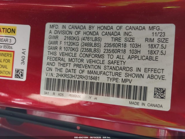 2HKRS3H72RH318481 Honda Cr-v Ex-l 2wd