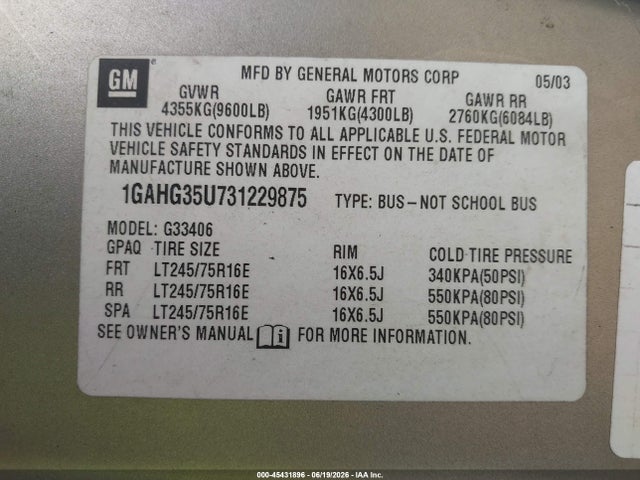 Продажа на аукционе авто 2003 Chevrolet Express, vin: 1GAHG35U731229875, номер лота: 45431896