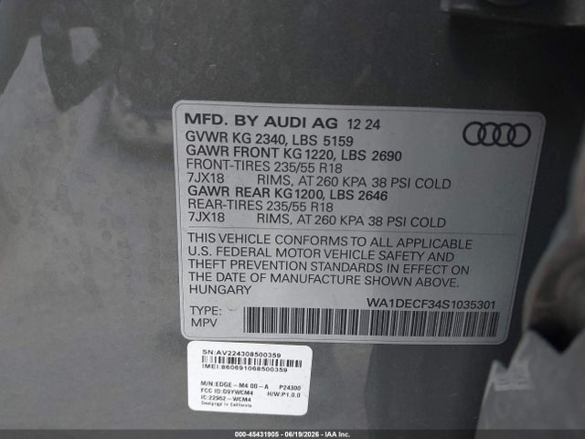 45431905 :رقم المزاد ، WA1DECF34S1035301 vin ، 2025 Audi Q3 Premium 45 Tfsi S Line Quattro Tiptronic مزاد بيع