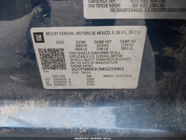 Продаж на аукціоні авто 2021 Chevrolet Silverado 1500 2wd  Short Bed Custom, vin: 3GCPWBEK3MG219961, номер лоту: 45431912
