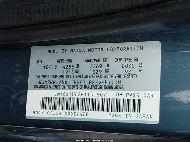 Aukcja sprzedaży 2014 Mazda Mazda6 I Sport, vin: JM1GJ1U62E1150807, numer aukcji: 45431917