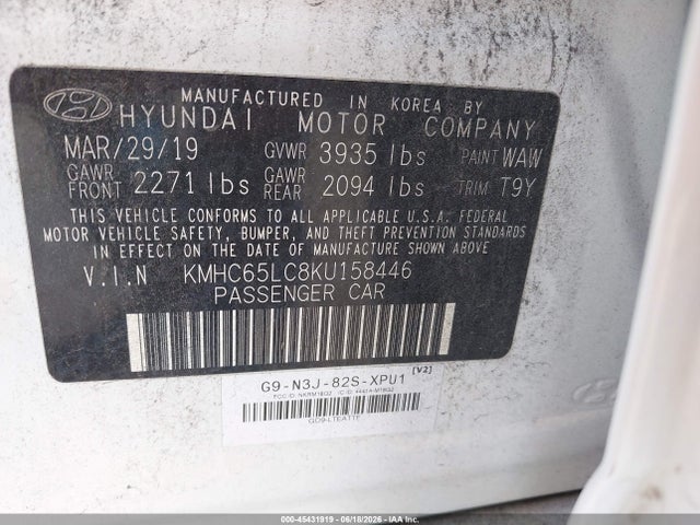 Aukcja sprzedaży 2019 Hyundai Ioniq Hybrid Blue, vin: KMHC65LC8KU158446, numer aukcji: 45431919