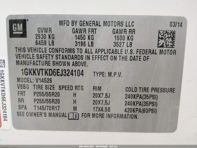 2014 Gmc Acadia Denali მანქანა იყიდება აუქციონზე, vin: 1GKKVTKD6EJ324104, აუქციონის ნომერი: 45431921