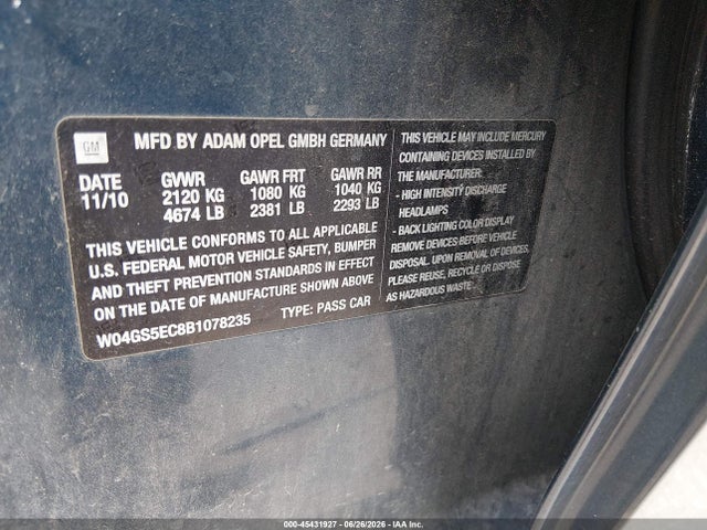 Продажа на аукционе авто 2011 Buick Regal Cxl Russelsheim, vin: W04GS5EC8B1078235, номер лота: 45431927