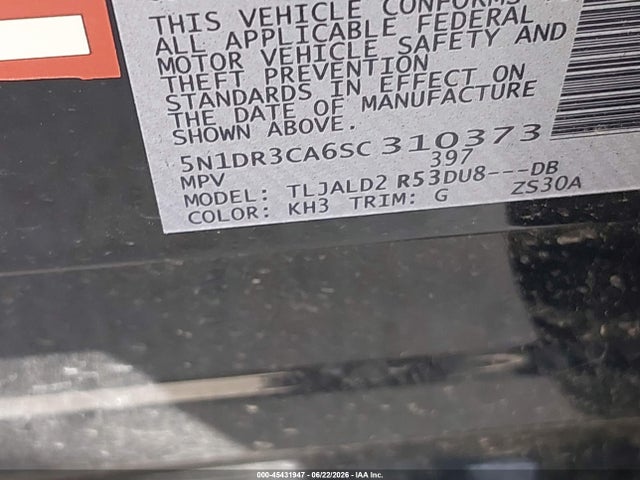 5N1DR3CA6SC310373 Nissan Pathfinder Sl Fwd