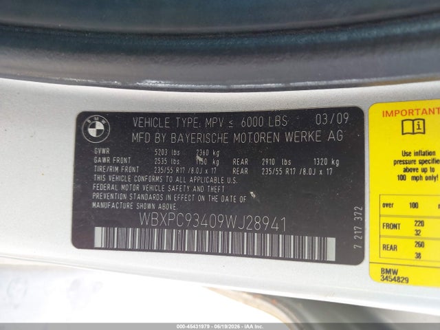 45431979 :رقم المزاد ، WBXPC93409WJ28941 vin ، 2009 Bmw X3 Xdrive30i مزاد بيع