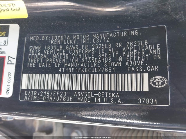 Auction sale of the 2012 Toyota Camry Se, vin: 4T1BF1FK8CU077651, lot number: 45431998