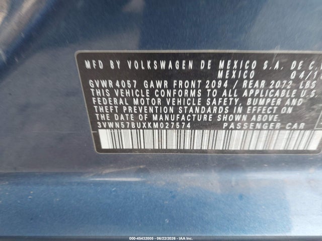Aukcja sprzedaży 2019 Volkswagen Jetta 1.4t S, vin: 3VWN57BUXKM027574, numer aukcji: 45432005