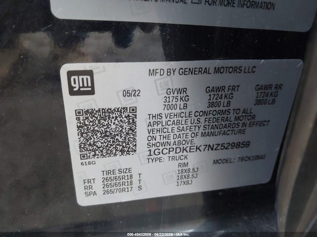 2022 Chevrolet Silverado 1500 4wd  Short Bed Lt With 2fl მანქანა იყიდება აუქციონზე, vin: 1GCPDKEK7NZ529859, აუქციონის ნომერი: 45432009