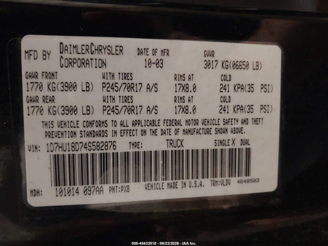 Aukcja sprzedaży 2004 Dodge Ram 1500 Slt/laramie, vin: 1D7HU18D74S582876, numer aukcji: 45432018